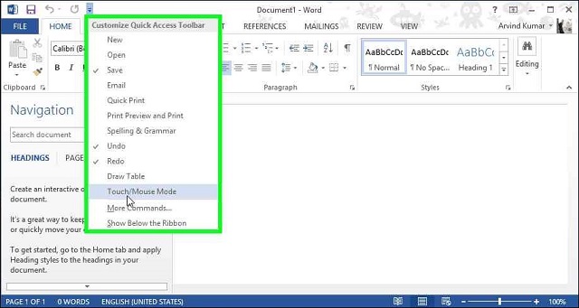 Enable Touch Mode Office 2013